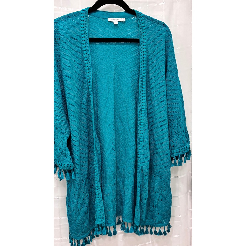 Chico's Teal Blue Pointelle Knit Tassel‎ Fringe Cardigan Sweater Size 3 XL